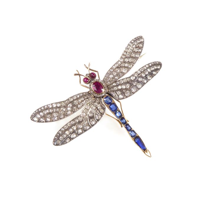 Antique diamond, ruby and sapphire tremblant dragonfly brooch | MasterArt